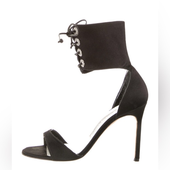 Manolo Blahnik Satin Crystal Embellished Ankle Strap Open Toe Heels Black sz 37 - Picture 1 of 6